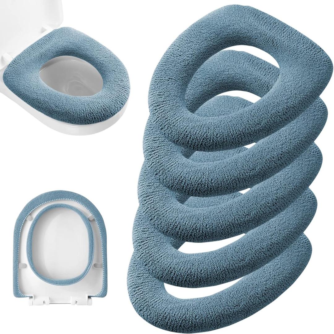 Legigo 5 Pack Thicker Bathroom Toilet Seat Cover Pads- Soft Warmer Toilet Seat Cushion Cover Stretchable Washable Fiber Cloth, Easy Installation Comfortable Toilet Lid Seat Cover(Knit Elongated Blue)