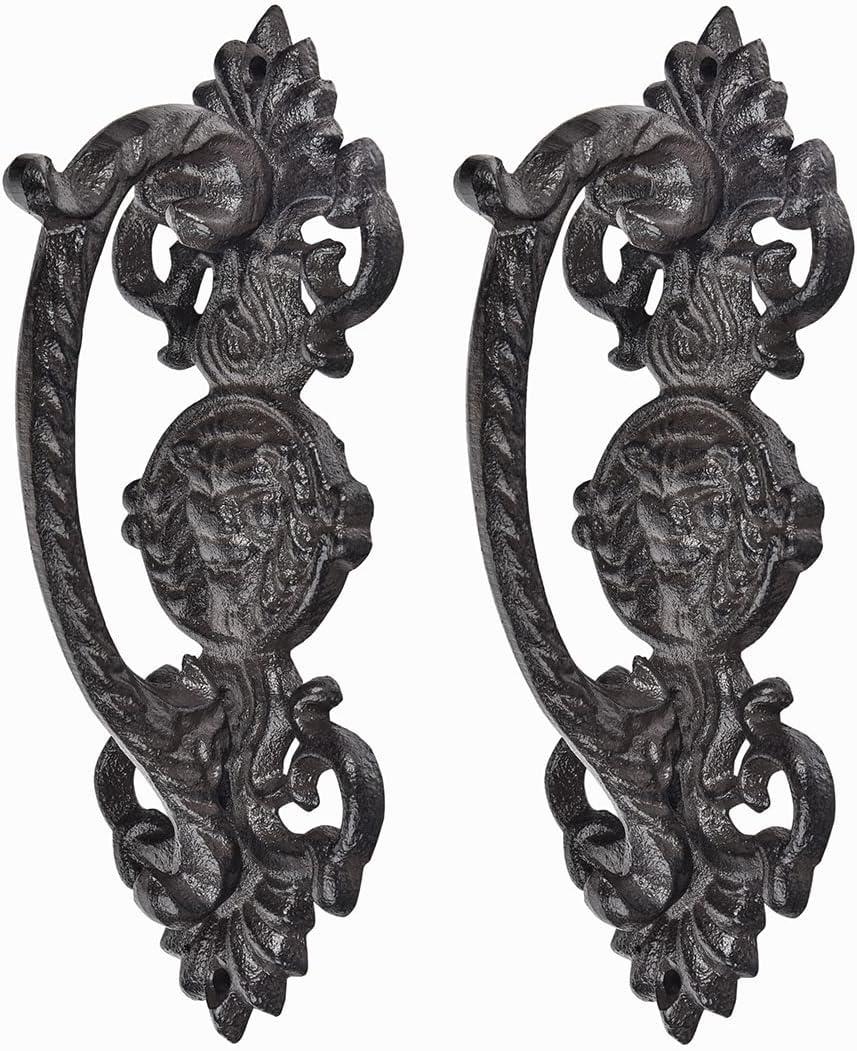 Sungmor 2PC Solid & Sturdy Cast Iron Gate Handles, Heavy Duty 8.7" Long Strong Barn Door Handles, Pretty Rustic Farmhouse Fence Gate Garage Closet Drawer Cabinet Decorative Handles Sliding Door Pulls (Flower Pattern-8.7H*3.4W*2.8H(inch))