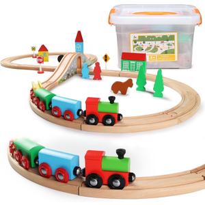 SainSmart Jr. Wooden Train Set for Toddler with Double-Side Train Tracks Fits Brio, Thomas, Melissa and Doug, Kids Wood Toy Train for 3,4,5 Year Old Boys and Girls (Small Town with Container)
