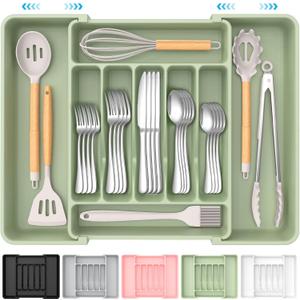 Extra Large Expandable Silverware Organizer, BPA-Free Food-Safe Cutlery Flatware Organizer, Kitchen Utensil Drawer Organizer, Adjustable Silverware Holder for Spoons Forks Knives, Green