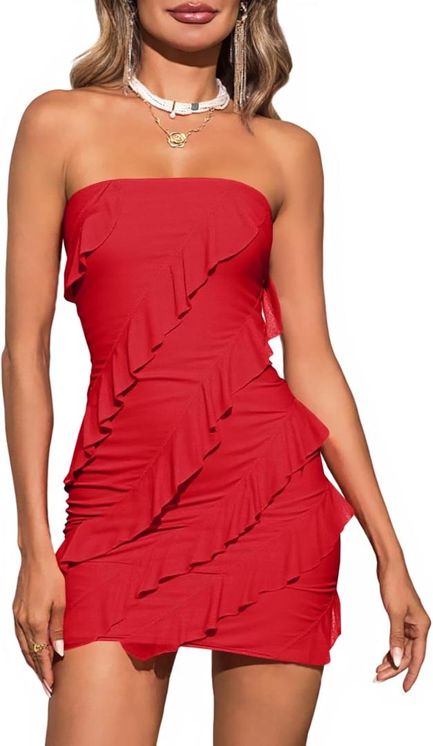 Wenrine Women's Sexy Strapless Mini Dress Summer Bodycon Sleeveless Mesh Ruffle Casual Tube Top Club Party Dresses (Red)