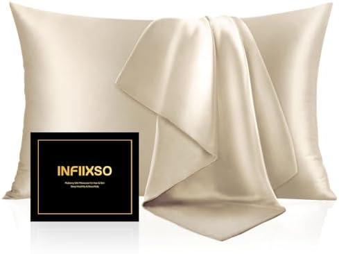 INFIIXSO Mulberry Silk Pillowcase for Hair and Skin, Silk Pillow Cases Queen Size Set of 2 with Hidden Zipper 20x30 Inches, Ultra Smooth and Soft Cooling Pillow Cases for Hot Sleepers(Beige, 2 Pack)