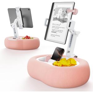 TAZENI Tablet Kindle Pillow Stand Holder with 2 Trays Fit 4''-13'' Phone/Tablet/Kindle iPad Holder Stand for Bed with Soft Plus Fabric Reading Accessories Gift, Pink