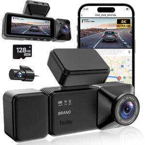 4K 3 Channel Dash Cam Front and Rear with Cabin, 4K+1080P+1080P Dash Camera for Cars, Free 128GB Card Included, Dash Cam with Night Vision, WiFi, GPS, APP Control, Parking Monitor, Loop Recording