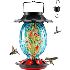 Solar Hummingbird Feeder - 49 fl.oz Hand Blown Glass Color Changing - 7 Feeding Ports with Perch - Never Leak - Perfect Hummingbird Feeder for Outdoors Hanging (Blue)