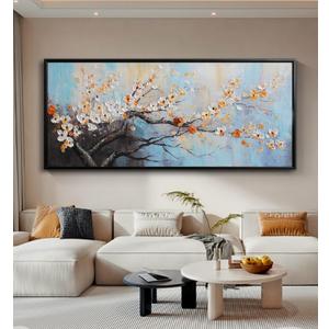 Hand-Painted Plum Blossom Wall Art for Living Room, Large 3D Texture Floral Canvas Oil Painting for Bedroom, Modern Black Framed Artwork for Above Sofa Office Kitchen Ready to Hang 24x56 Inches
