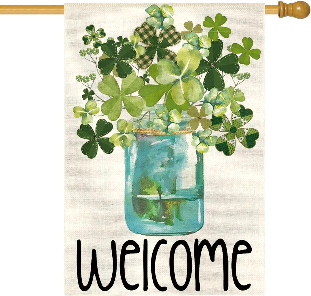 AVOIN colorlife Welcome Watercolor Lucky Clover St Patricks Day House Flag Double Sided, Shamrock Jar Yard Outdoor Flag 28 x 40 Inch