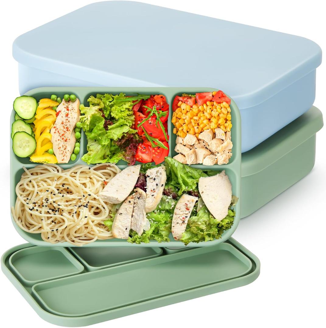 2 Pack Silicone Bento Box Lunch Box for Adult 4 Compartment Food Grade 40 oz Leak-proof Lunch Container for Meal Lunchbox Container for Snack, Microwave Dishwasher Safe (Blue,Green)