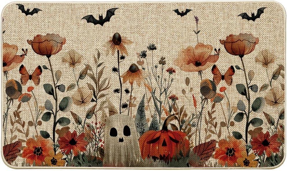 Artoid Mode Cat Jack-O'-Lantern Pumpkin Halloween Doormat, Low-Profile Switch Rug Door Home Decor Mat Floor Mat for Indoor Outdoor 17x29 Inch (Beige)