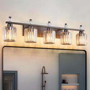 Bathroom Vanity Lights 5-Light Sand Black Modern Crystal Vanity Light Fixtures Over Mirror Crystal Bathroom Vanity Lighting Fixtures