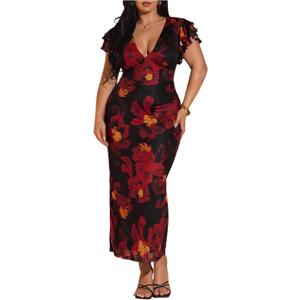 BEAUDRM Women's Plus Size Cocktail Floral Maxi Dress Deep V Ruffle Short Sleeve Bodycon Mesh Wedding Guest Party Dresses Red 4X-Large Plus