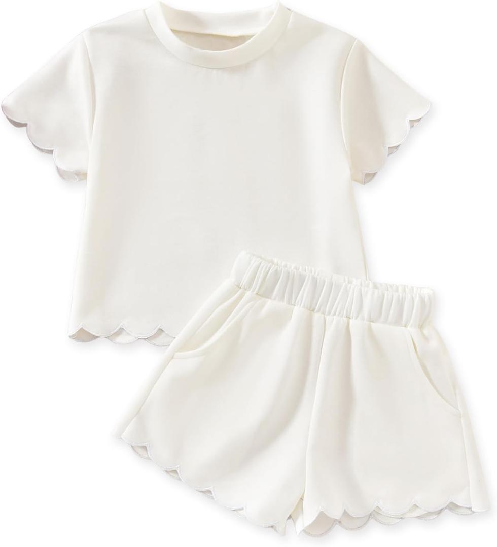 Aalizzwell 3T Girl Clothes Toddler Summer Scalloped Short Sleeve T Shirt Shorts Outfit 3-4T White
