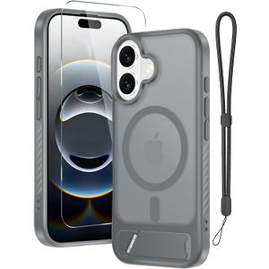 for iPhone 16 Case with Screen Protector+Lanyard Wrist Strap,Magnetic Translucent Matte Rugged Slim Phone Cover Built in Invisible Kickstand [Fit for MagSafe],Grey