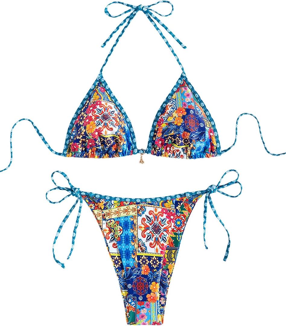 Women's 2 Piece Floral Bikini Boho Halter Triangle Bikini Set Tie Back Swimsuit Bathing Suit Beachwear Swimwear (Multi), Size: XS