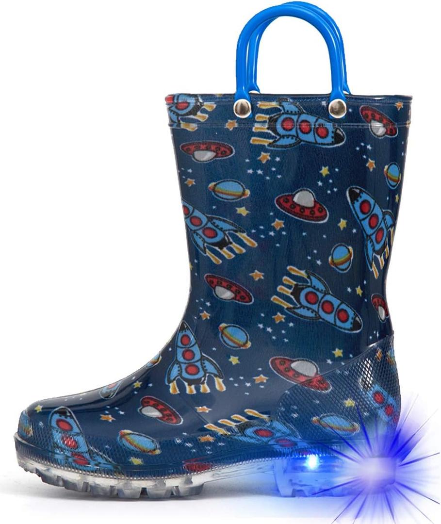 HugRain Toddler Boys Rain Boots Baby Kids Light Up Printed Waterproof Shoes Rubber Garden Puddle Boots Lightweight Adorable Cute Navy Blue Cosmos Easy-On Handles and Insole (Size 8, Navy)