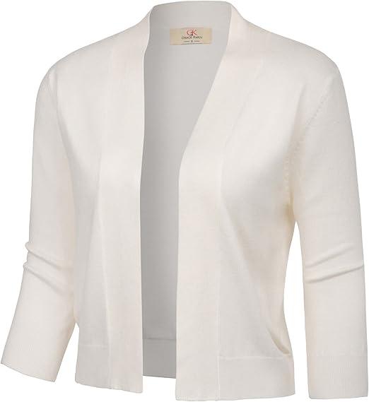 GRACE KARIN Women's 3/4 Sleeve Knit Cropped Cardigan Sweaters Open Front Bolero Shrugs Sweater Tops, L, Ivory White