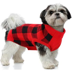 PUMYPOREITY Classic Plaid Dog Sweater with Leash Hole, Warm Stretchy Knitwear for Small Medium Dog, Soft Jacquard Knit Pullover with Elastic High Collar for Spring Fall Winter Christmas Cold Weather (Large, Red/Black)