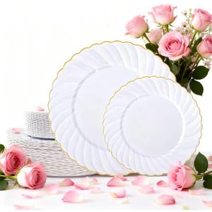 U-QE 60 Pcs White Plastic Plates with Gold Rim Fancy Scalloped Plates Disposable - Premium Hard Plastic Plates Include 30 10" Dinner & 30 7" Dessert Plate for Party & Mother's Day