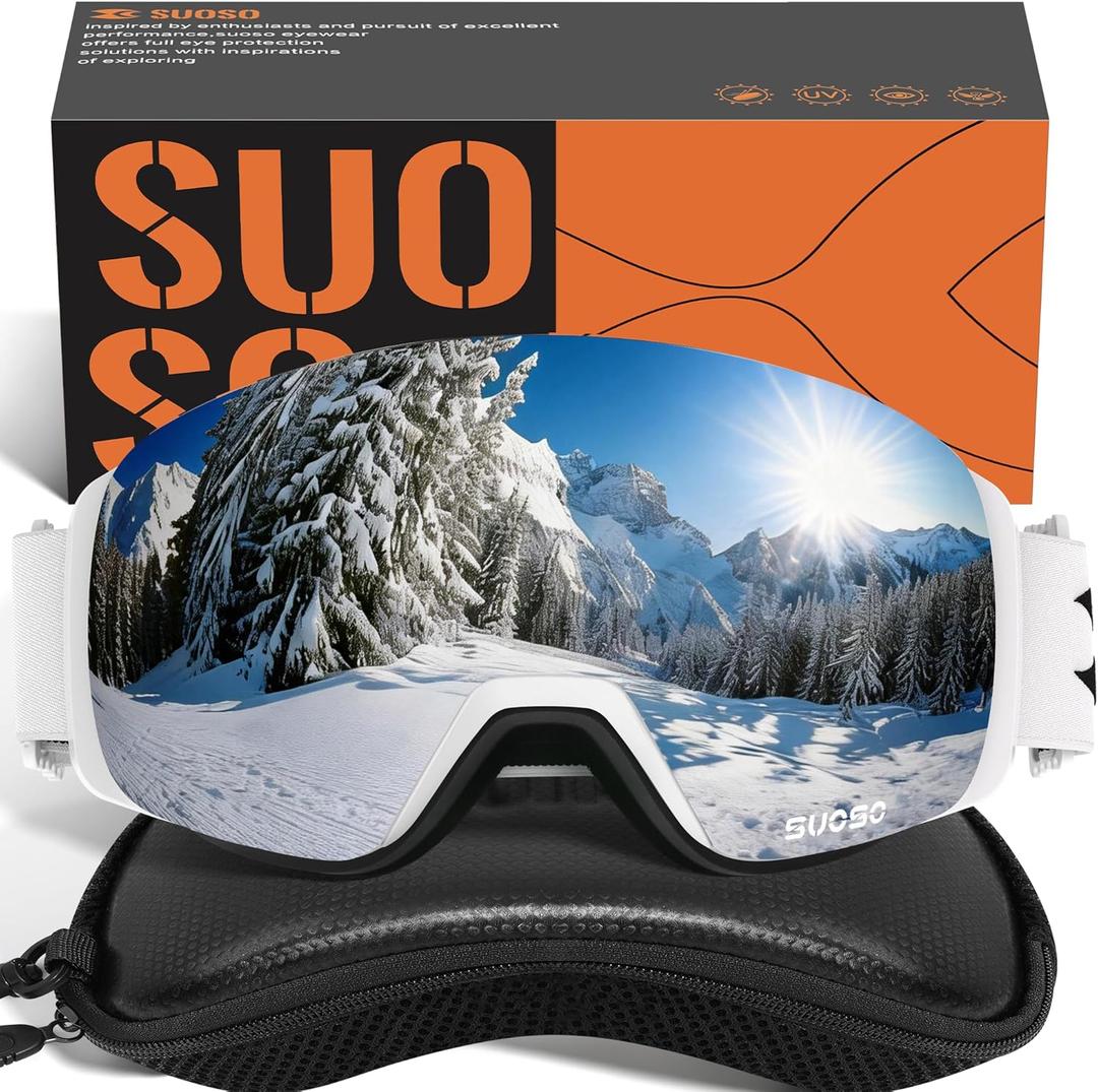 suoso Ski Goggles Frameless for Men: Women Magnetic Lens UV400 Protection OTG Anti-Fog Snowboard Goggles (C01-white Frame Silver Lenses)