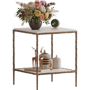 Antique Square End Table with Faux Marble Top, 20" Gold Side Table with 2-Tier Open Storage Shelves, Modern Square Accent Table with Antique Brass Finish for Living Room, Bedroom