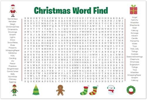 Jumbo Christmas Word Search Poster, Giant Holiday Word Search Wall Poster for Christmas Decor, 36"x24" Large Wall Game with 50 Words for Family Holiday Party Activity