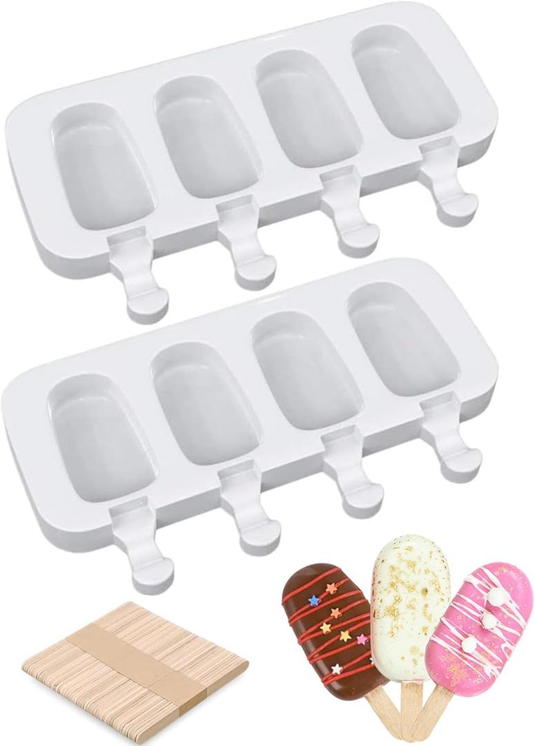 Ouddy Life Popsicle Molds Set of 2, Ice Pop Molds Silicone 4 Cavities Ice Cream Oval Cake Pop Mold with 50 Wooden Sticks for DIY Popsicle, Clear