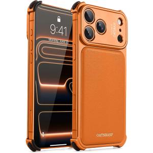 OATSBASF for iPhone 17 Pro Max Case, Full Camera Protection, Compatible with MagSafe Charger, Metal Frame Genuine Leather Back Panel Phone Case, Orange