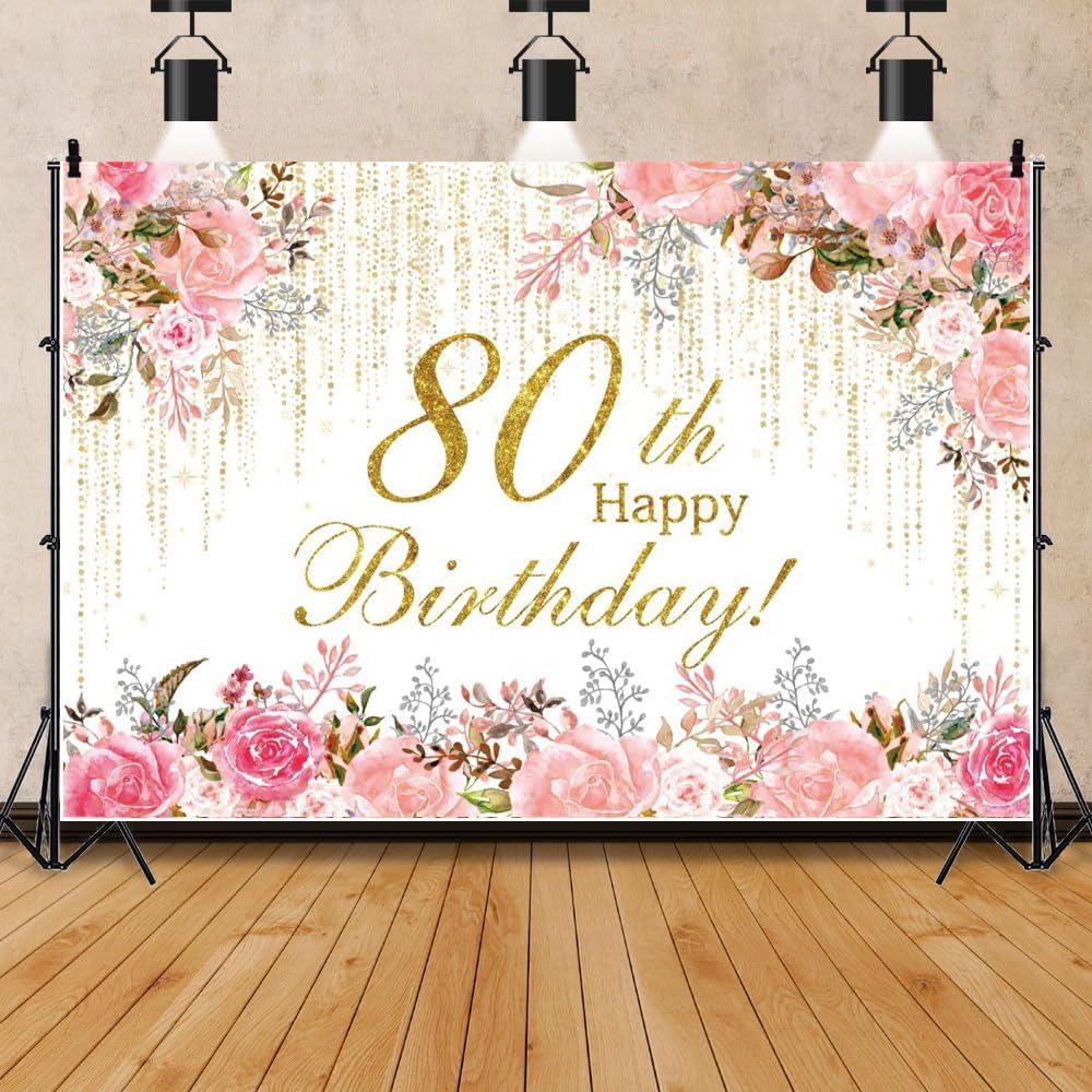 Happy 80th Birthday Backdrop Pink Watercolor Floral Golden Curtains Backdrop for Women Grandma Theme Birthday Party Decorations Banner Stylish Photography Background Studio Props 7x5ft