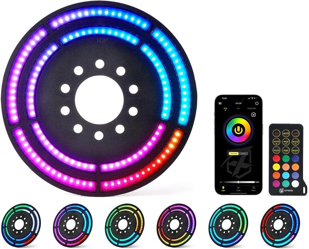 Xprite RGB Spare Tire Brake Light - Dual Ring Rear Wheel Light Compatible with 2007-2018 Jeep Wrangler JK JKU, Color-Changing Third Tail Lamp with Dual Control (RF & Bluetooth)