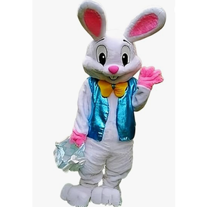 To.beone Easter Bunny Mascot Costume with Blue Vest and Yellow Bow Tie, Adult Size Rabbit Character Suit for Events and Parties