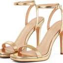 Elisabet Tang Womens Stilettos Heeled Sandals Open Square Toe Heels,4.3 Inch Open Toe Strappy Sexy High Heels Ankle Strap Buckle Heels for Party Wedding Dress Daily Wear Shoes (8, Gold)