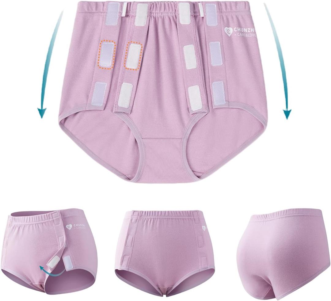 Post Surgery Tearaway Underwear for Women, Reusable Stick-On Briefs, Incontinence & Elderly Care, Hip Knee Surgery, Breathable CottonPurple 2XL