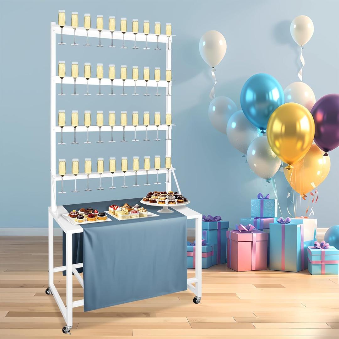 Champagne Wall Holder for Party, 4 Tire Champagne Wall Holder Up to 40 Cups, Champagne Wall Stand with Storage Rack & 4 Swivel Casters with Brakes, Suitable for Wedding, Christmas, Party