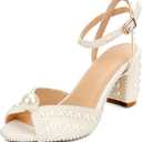 Goolita Pearl Heels For Women Mid Block Ankle Strap Heeled Sandals Round Open Toe Party Evening Bridal Shoes For Wedding, 8