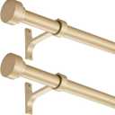 2 Pack Heavy Duty 1 Inch Diameter Single Curtain Rods 72-144 Adjustable Window Curtain Rod with Aluminum Alloy Cylindrical Cap Finials, Wall Mount and Ceiling Mount, Light Gold