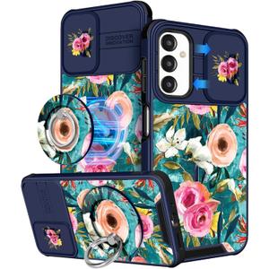 Buleens for Samsung Galaxy A16 5G Phone Case - with Ring Stand & Camera Cover Aesthetic Cute Designed for Women Girls Girly Unique Kawaii Flowers for Samsung A16 5G Cases Compatible with Magsafe (Lake Blue Flowers)