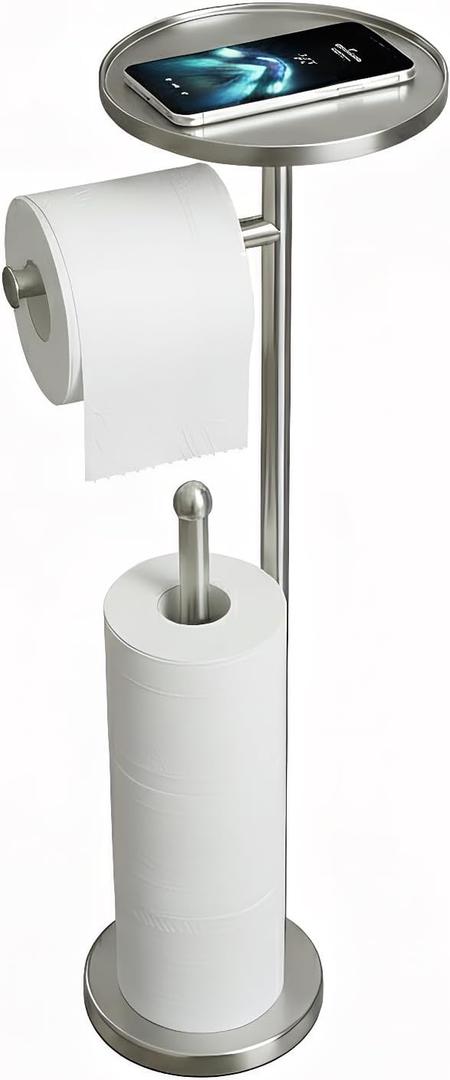 Toilet Paper Holder with Shelf, Tissue Roll Holder Stand with Storage Space for Holding Extra 4 Toilet Paper Rolls, Stainless Steel Rustproof Freestanding (Brushed Nickel)