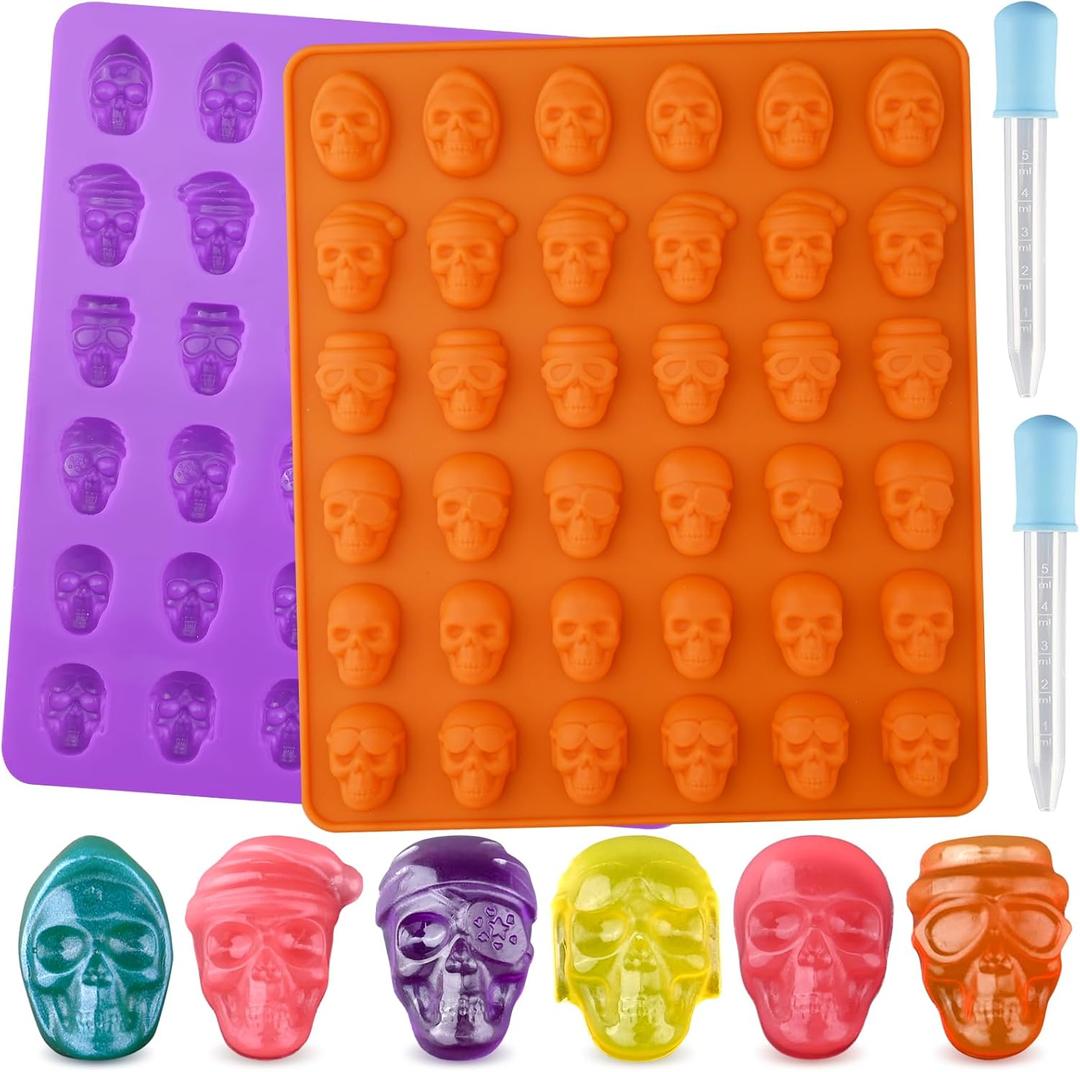 HUAKENER Gummy Skull Candy Molds, 2 Pack Chocolate Molds with 2 Dropper, Silicone Molds for Chocolate, Candy, Jelly, Dog Treats, Ice Cube, Resin Casting