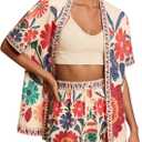 MakeMeChic Women's Two Piece Sets Summer Tropical Vacation Outfits Boho Floral Kimono Tops Shorts Set (Orange, XL)