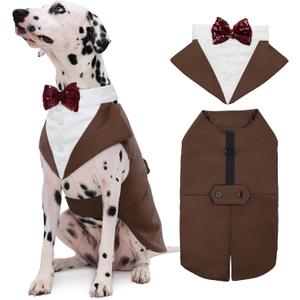 Kuoser Dog Tuxedo Dog Suit and Bandana Set, Dogs Tuxedo Wedding Party Suit, Doggy Prince Bow Tie Shirt Formal Pet Wedding Attire for Dogs Golden Retriever Samo Bulldogs, Large Brown