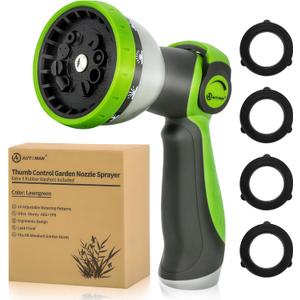 AUTOMAN Garden Hose Nozzle Sprayer - 10 Spray Patterns, Thumb Control On Off Valve, Durable Water Nozzle, Extra 4 Washers, for Watering Garden, Cleaning, Washing Car, Showering Pets Lawngreen
