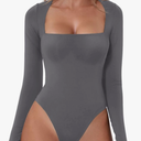 QINSEN Women's Sexy Square Neck Bodysuit Long Sleeve Double Lined Shirt Tops,M