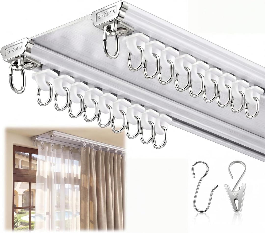 Ceiling Curtain Double Track Set 3ft-16.4ft/5 Meter White Double Curtain Track Ceiling Mount Heavy Duty Room Divider Adjustable Length Rails with Clips Hooks End Hook