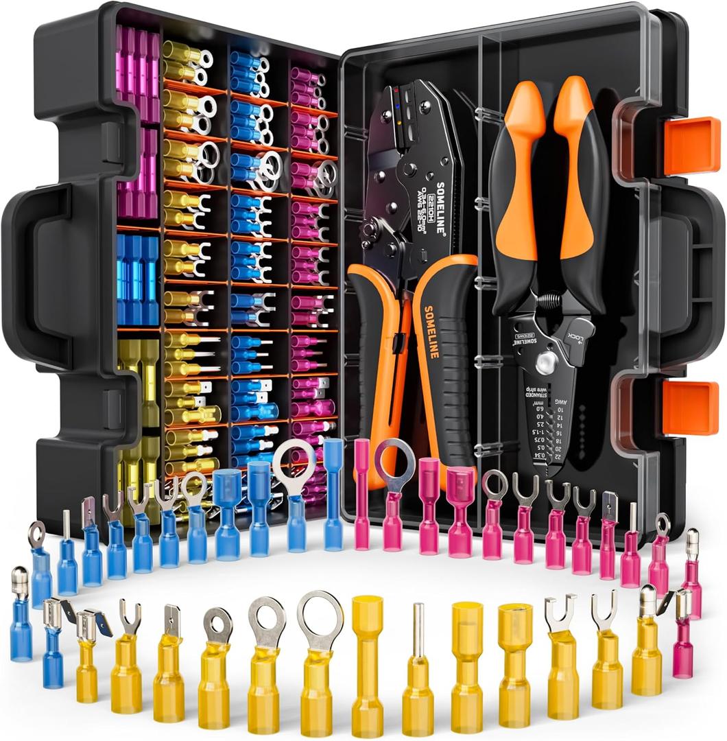 SOMELINE Crimping Tool for Heat Shrink Connectors with 39 Size Marine Grade Heat Shrink Wire Connectors,Tinned Red Copper AWG 22-10 Electrical Ring Fork Spade Splice - Electrical Crimping Tool