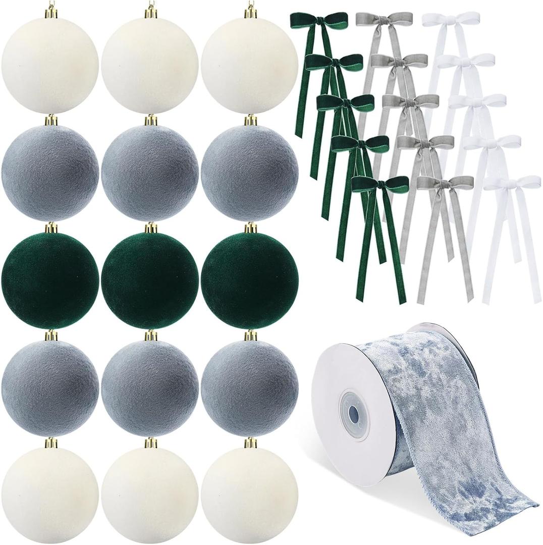 Syhood 46 Pcs Velvet Christmas Ornaments - 15 Pcs 3.15" Large Christmas Balls, 30 Flocked Bows, 1 Velvet Ribbon, Xmas Tree Hanging Decorations for Vintage Xmas Holiday Decor(Emerald/Grey/White)