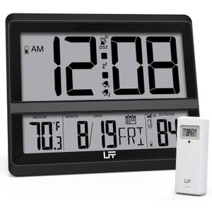 LFF Atomic Clock Large Display, Digital Wall Clock with Indoor Outdoor Temperature and Date, Wireless Outdoor Sensor, Digital Desk Alarm Clock Battery Operated for Bedroom, Easy to Read, Black