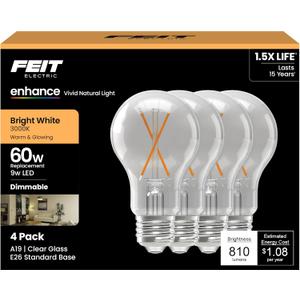 Feit Electric A19 LED Light Bulbs, 60W Equivalent, 810 Lumens, 3000K Bright White, High CRI 90+, Dimmable, Filament Style, Energy Saving, 17,000-Hour Lifetime, A1960CL930CA/FIL/4, 4-Pack