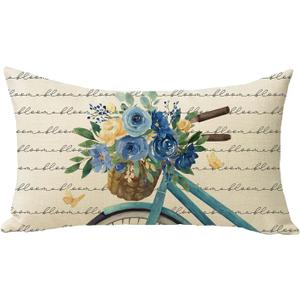 4 x Spring Summer Blue Flower Bicycle Lumbar Decorative Throw Pillow Cover, 20" x 12"