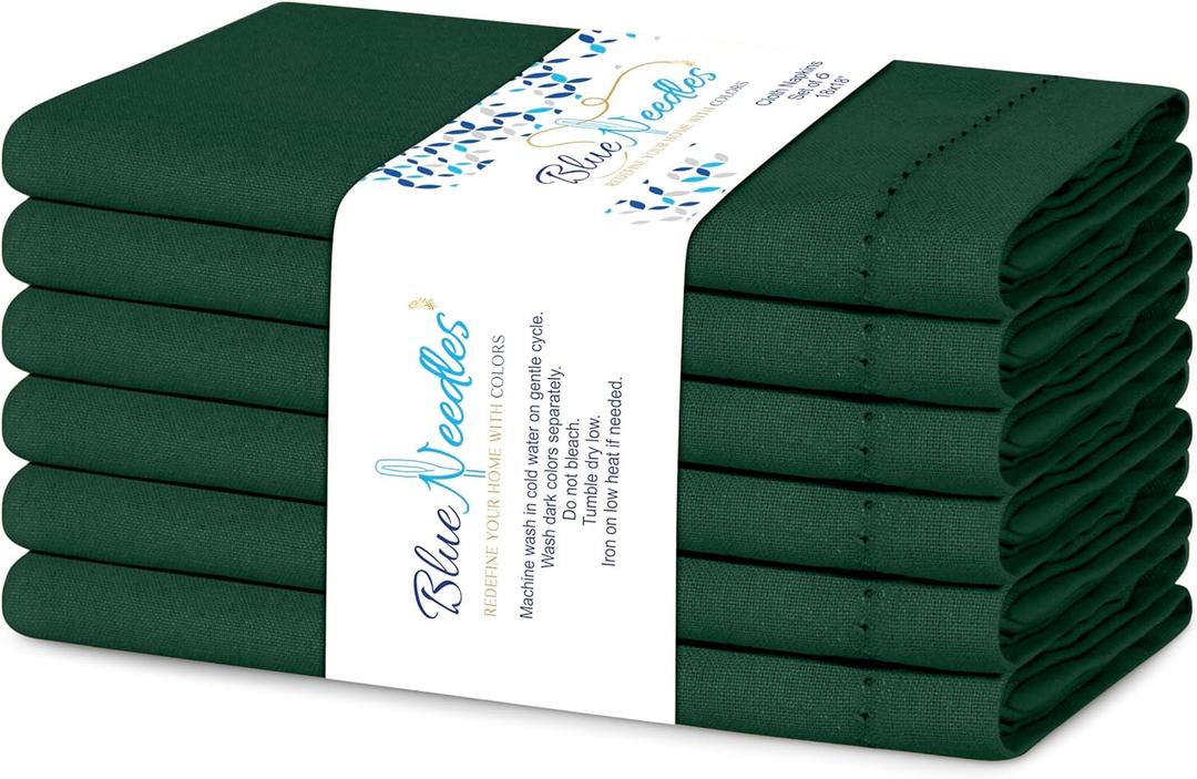 Blue Needles Set of 6 Hemstitch Linen Napkins 100% Cotton Forest Green Cloth Dinner Napkins 18x18 inches, Soft, Reusable, Absorbent, Washable, Ideal for Christmas Events, Parties & Everyday Use