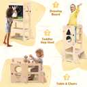 Woodure 4-in-1 Toddler Kitchen Step Stool, Foldable Learning Standing Tower with Blackboard, Wooden Kitchen Stool Helper for Kids, 1-3 Year Old Boy Girl Gifts